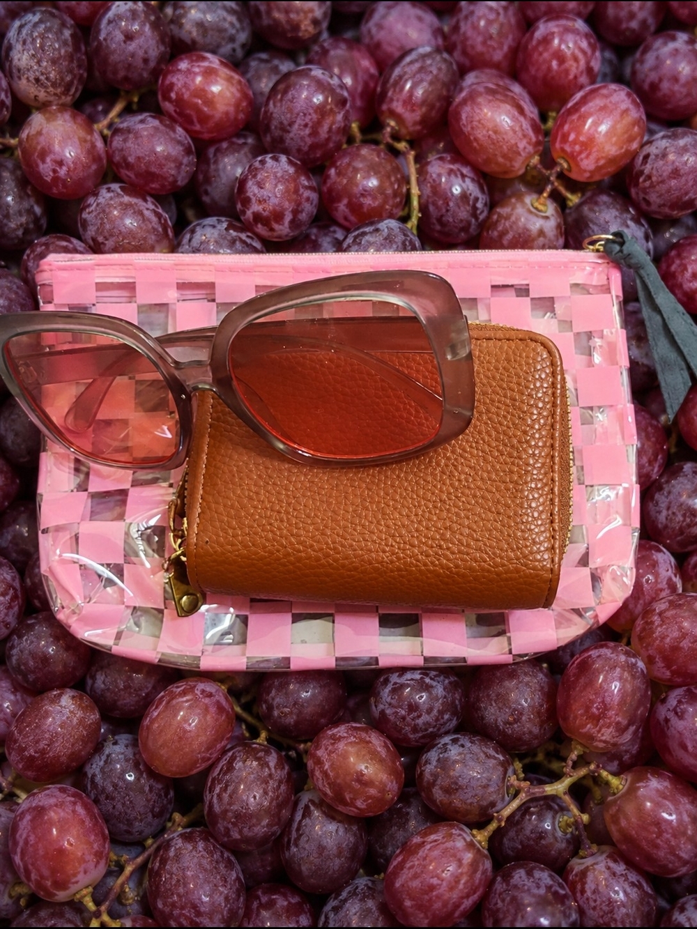 Tan Leather Zip Wallet with Pink Sunglasses And Mini Makeup Bag